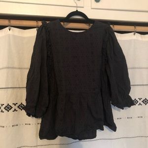 Black eyelet peplum balloon sleeve top